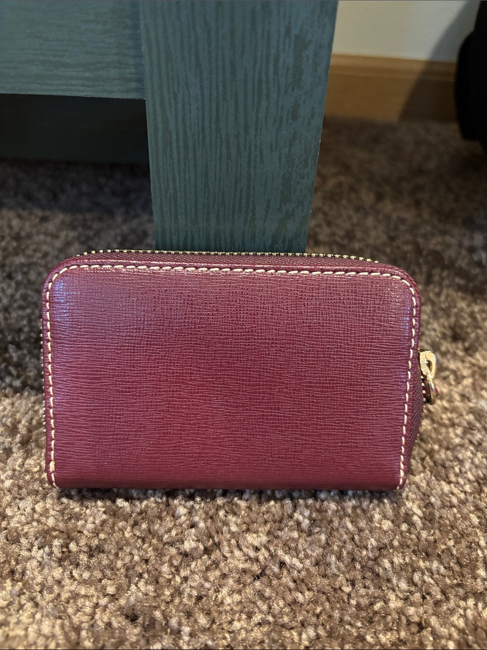 Dooney & Bourke Burgundy Leather Zip Card Wallet with Gold Plate - Picture 2 of 3